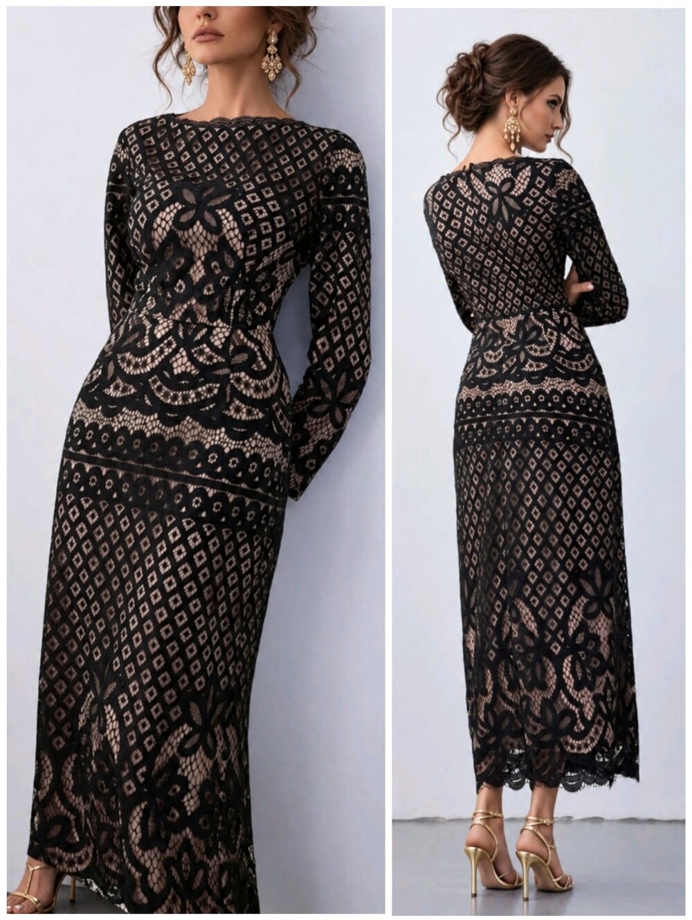 New Lace Overlay Long Dress Long Sleeve Black Tan Cream